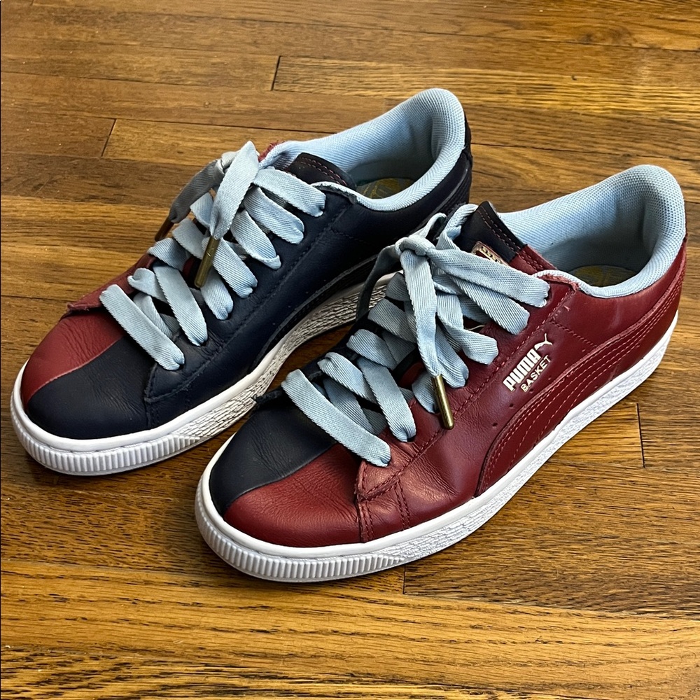 Puma Shoes Womens 6 Basket Athletic Low Top Sneakers Blue Red Leather Lace Up
